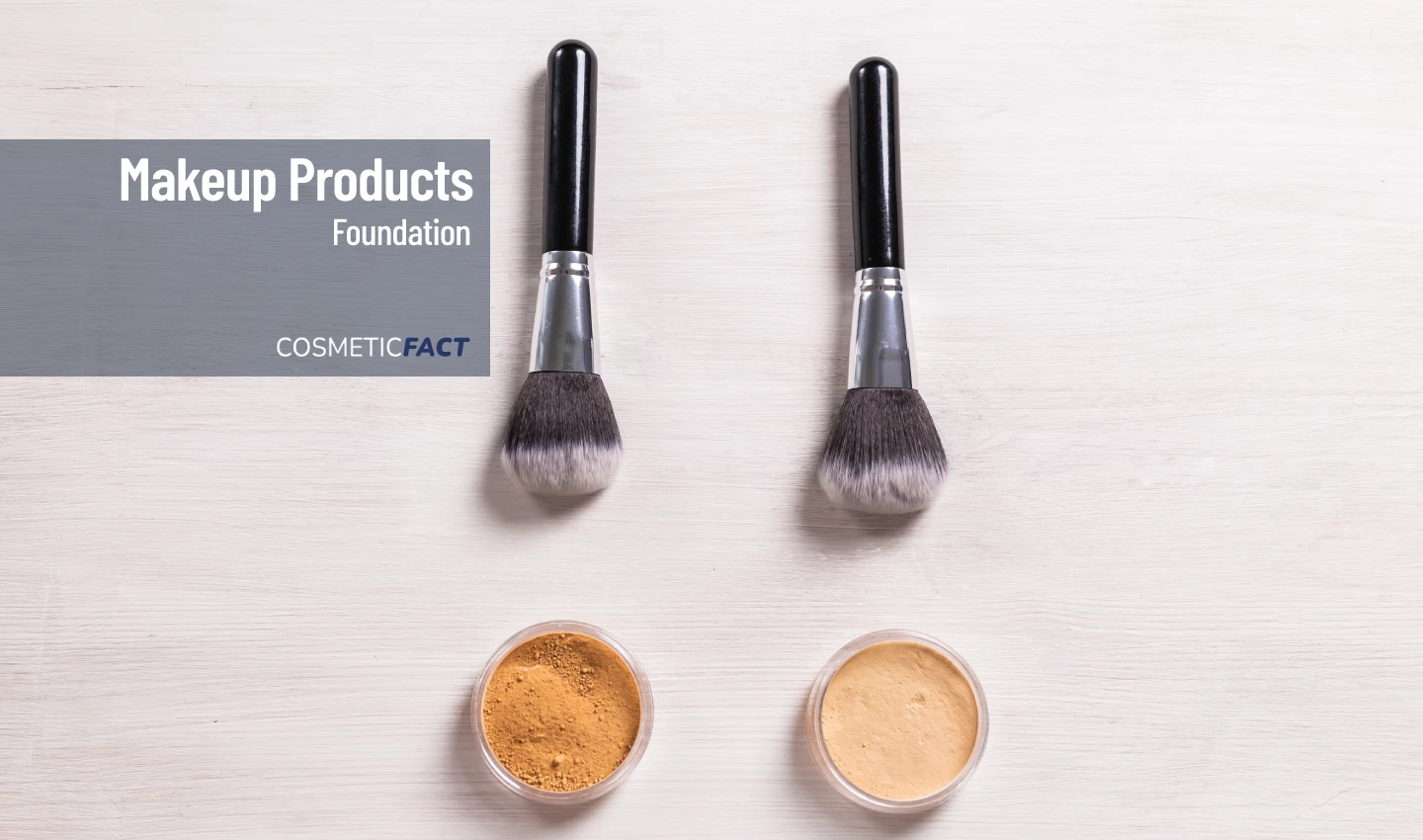 Two brushes of foundation, one on top of two batches of liquid foundation and the other on top of two batches of powder foundation, emphasizing the differences between the two types of foundation.