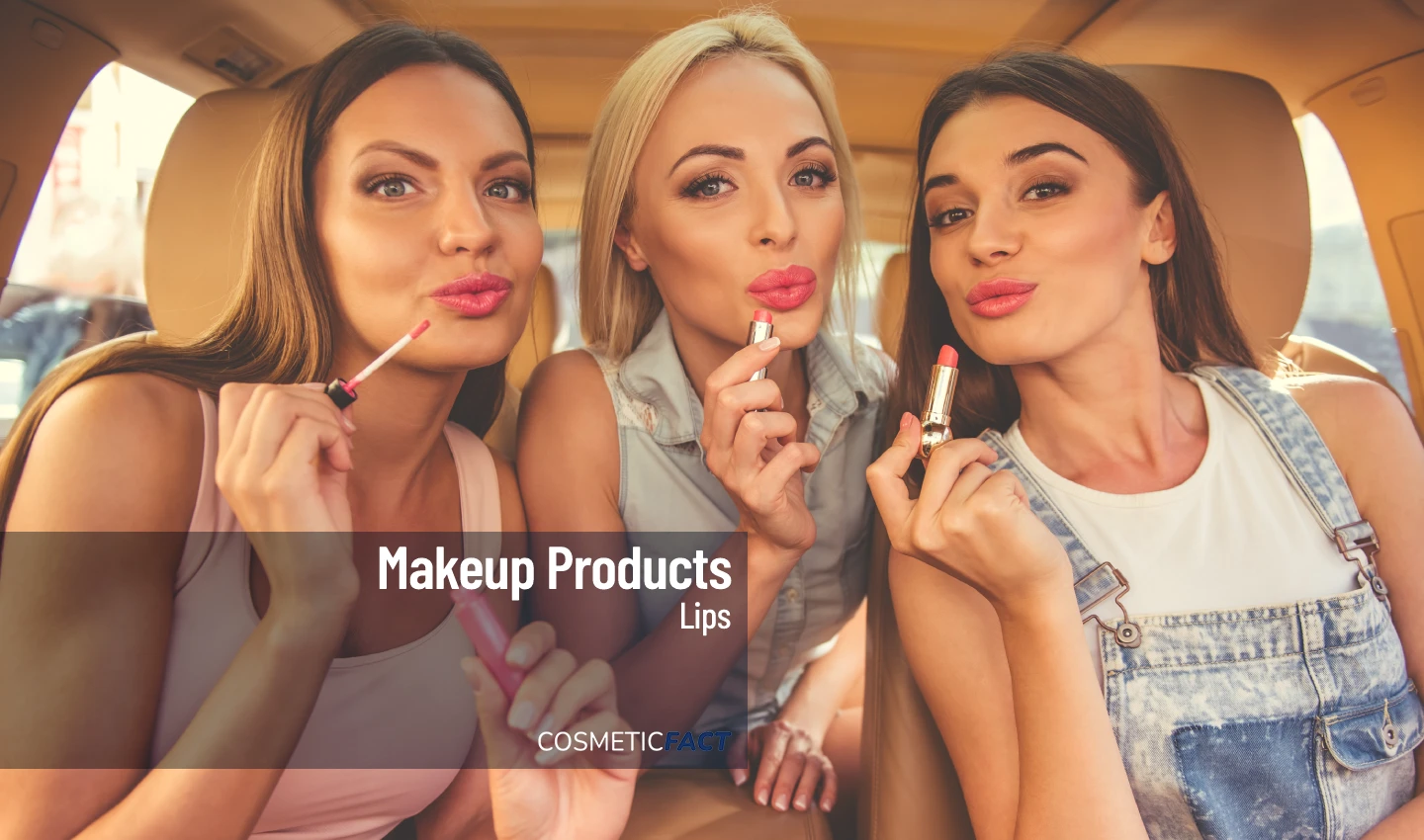 Group of women applying travel-friendly lip makeup on-the-go, including lipsticks and lip balms.