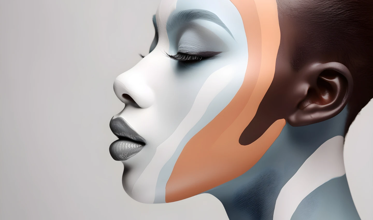 Dramatic and artistic side-faced view of a stunning model with diverse skin tones, highlighting sculpting and defining techniques using global face shades, designed to match a wide range of skin tones from around the world.