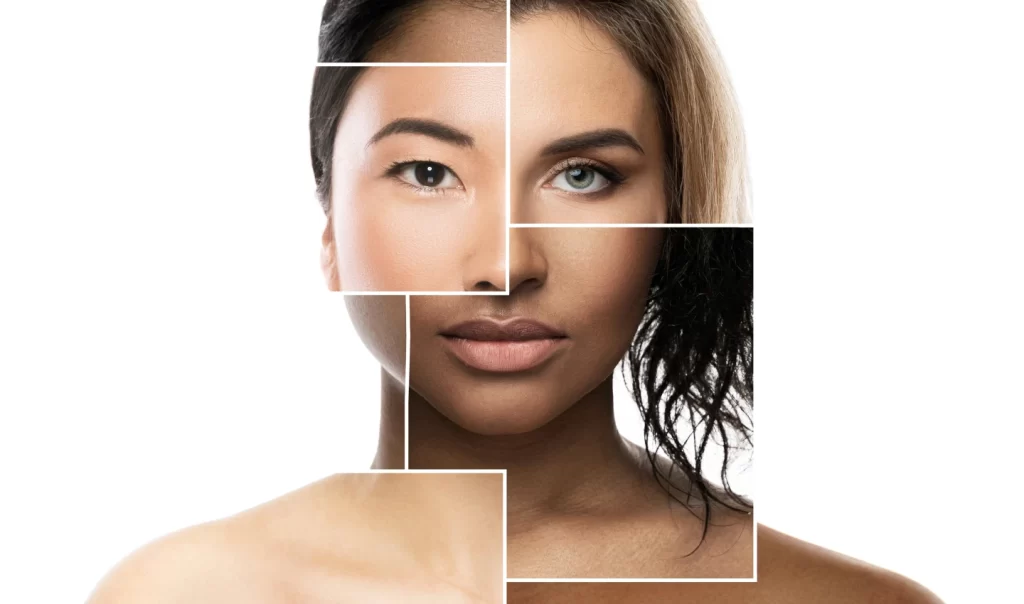 Puzzle pieces of different face shapes and skin tones coming together to receive a perfect contour.