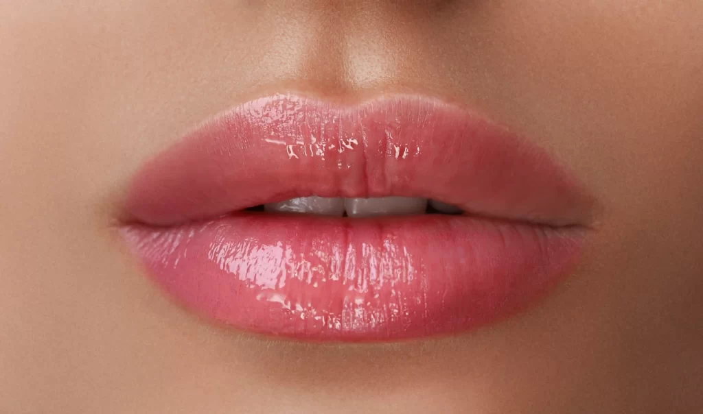 Woman with soft and kissable lips, showcasing the results of effective lip care techniques using a nourishing lip balm.