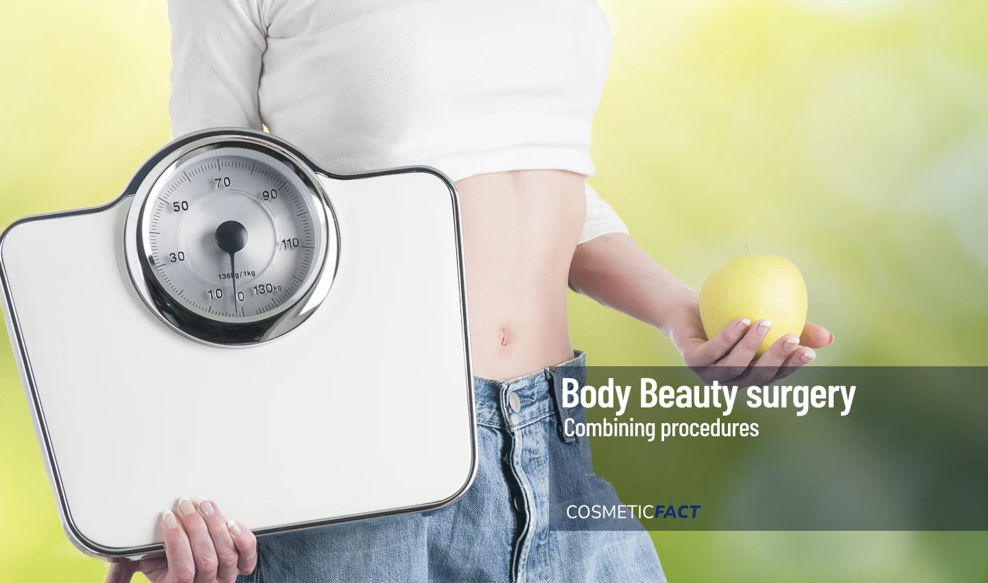 Image of a weight scale next to a person who has undergone body cosmetic surgery and weight loss procedures, emphasizing the importance of realistic expectations and commitment to a healthy lifestyle.