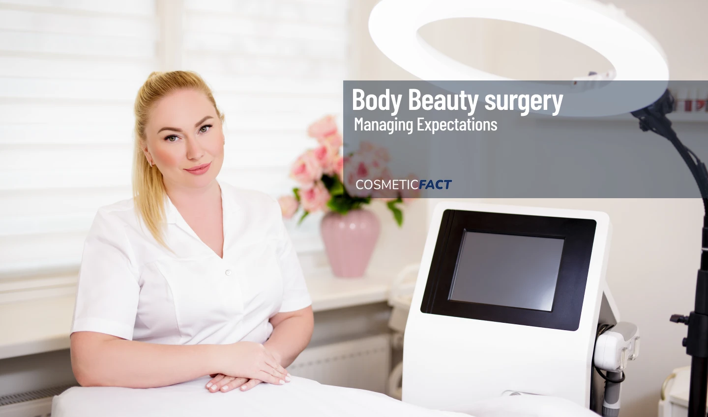 A doctor sitting in conversation with a patient, discussing setting realistic expectations for body beauty surgery.