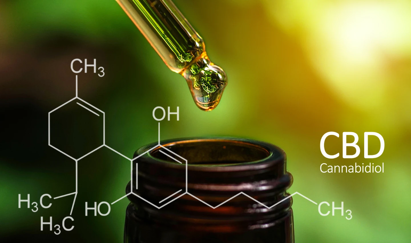 CBD for Men's Body Care - An image of a dropper releasing a drip of liquid into a brown bottle. The chemical formula on the bottle emphasizes the natural and scientific aspects of CBD. The image suggests the benefits of using CBD in men's body care products, including reducing inflammation, promoting relaxation, and improving skin health.