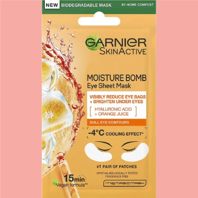 Garnier Hyaluronic Acid and Orange Juice Tissue Mask - Eye Sheet Mask. Infused with hyaluronic acid and orange juice for deep hydration and brightening. Easy to apply and comfortable to wear. Pack contains mult