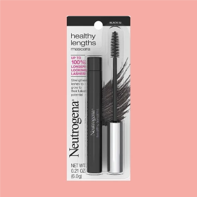 Neutrogena Healthy Lengths Mascara tube in Black 02.21 Oz. with its applicator brush, designed to nourish and strengthen lashes while adding length and volume. Formula includes vitamin E and olive oil to condition and protect lashes for a healthy-looking appearance.