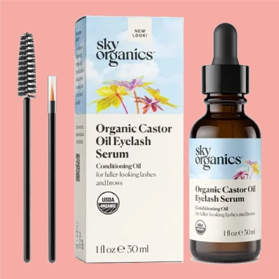 Organic Castor Oil Eyelash Serum by Sky Organics, a cold-pressed, 100% pure castor oil in a 1oz glass bottle with mascara brushes, for dry skin, hair growth, eyelashes growth, and eyebrows growth.