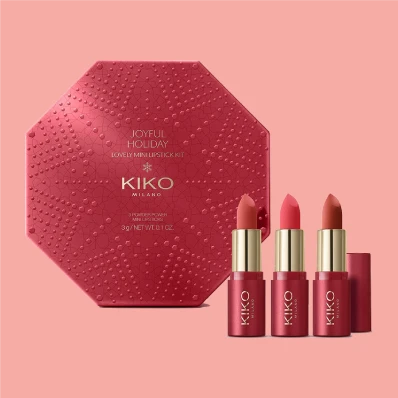 KIKO Milano Joyful Holiday Lovely Mini Lipstick Kit, a set of three mini matte lipsticks.