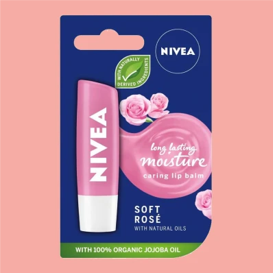Nivea Soft Rose Lip Balm 5 g, a moisturizing lip balm with a subtle rose scent.