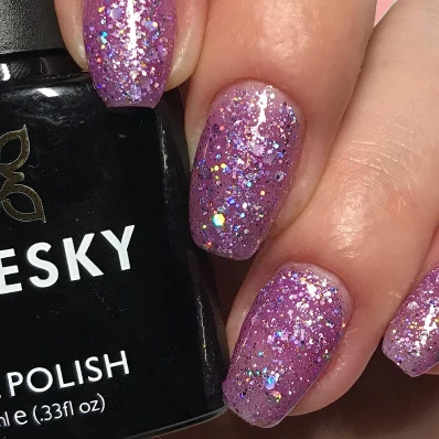 Bluesky Gel Polish Purple Dream BLZ48, a 10 ml gel nail polish in a pastel purple shade with glitter, requiring curing under UV/LED lamp.