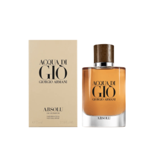 A bottle of Acqua di Giò Absolute Eau de Parfum by GIO on a wooden surface.