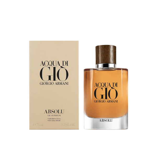 A bottle of Acqua di Giò Absolute Eau de Parfum by GIO on a wooden surface.
