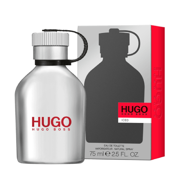 A bottle of Hugo Iced Eau de Toilette standing on a white surface.