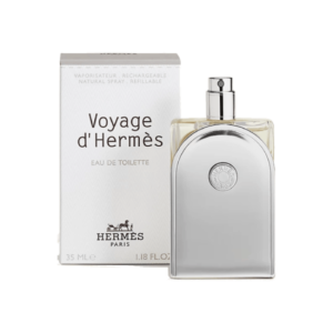 A brown bottle of Hermes Voyage d'Hermès Eau de toilette with a white label and silver cap.