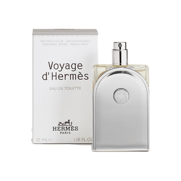 A brown bottle of Hermes Voyage d'Hermès Eau de toilette with a white label and silver cap.