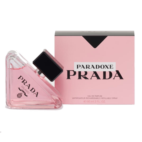 A bottle of Prada Paradoxe EDP on a white surface.