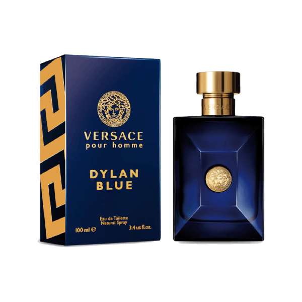 Versace DYLAN BLUE POUR HOMME EDT fragrance bottle on a blue background.