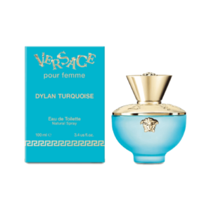 A bottle of Versace DYLAN TURQUOISE on a blue background with a gold cap and a Medusa head emblem in the center.