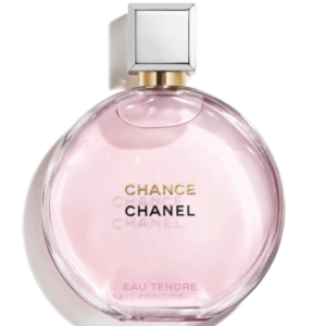 A bottle of Chanel Chance Eau Tendre perfume on a white background.