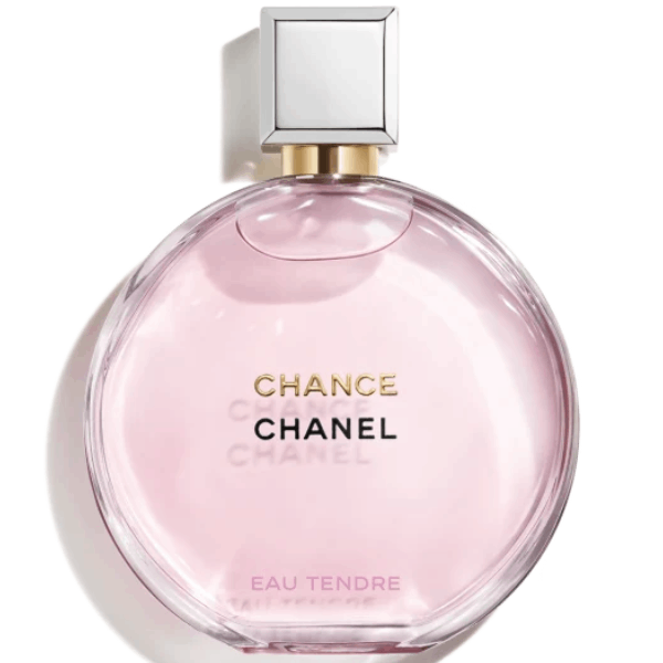 A bottle of Chanel Chance Eau Tendre perfume on a white background.