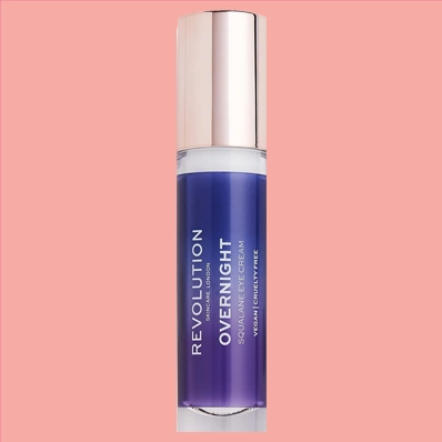 Revolution Skincare London Overnight Squalane Eye Cream - 9ml. Enriched with squalane to improve skin texture and reduce fine lines. 9ml package size is perfect for nightly use and travel. Refreshing and rejuvenating experience for nightly skincare routine.
