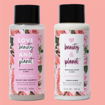 Bottles of Love Beauty and Planet's Murumuru Butter & Rose Shampoo, a choice for cruelty-free haircare
