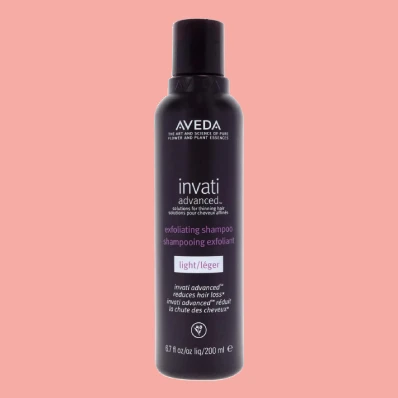 A bottle of Aveda Invati Advanced Exfoliating Shampoo, designed to promote thicker hair