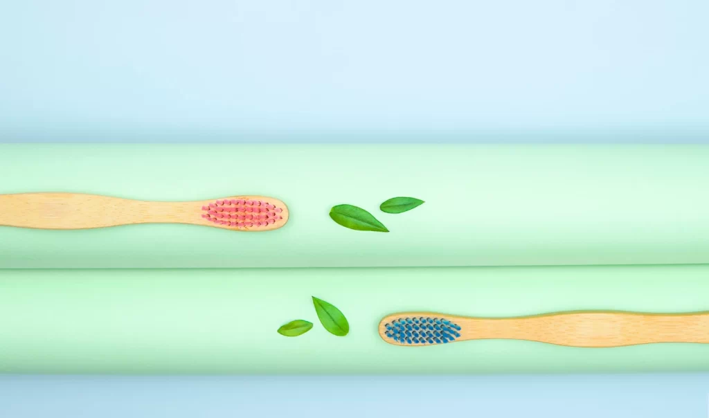 Two sensitive toothbrushes, one blue and one red, placed next to some green leaves – "Teeth-Sensitive Products