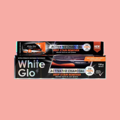 A tube of White Glo Charcoal Deep Stain Remover Toothpaste showcasing its packaging