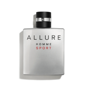 Elegant bottle of Chanel Allure Homme Sport perfume on a minimalist white background