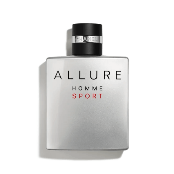 Elegant bottle of Chanel Allure Homme Sport perfume on a minimalist white background