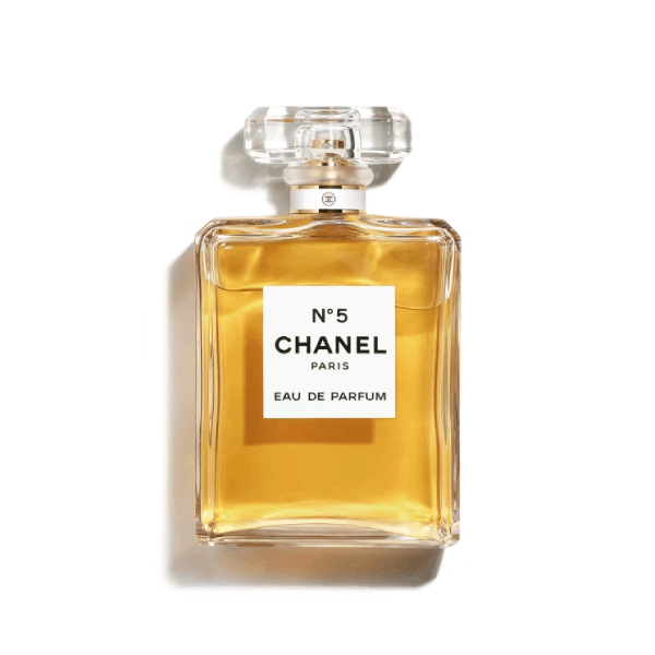 Bottle of Chanel N°5 perfume, a timeless fragrance with warm, woody, and floral notes.