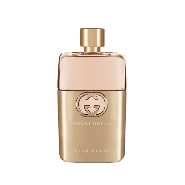 Gucci Guilty Pour Femme, a gold-tone bottle.