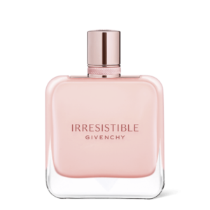 A bottle of Givenchy Irresistible perfume on a minimalistic white background.
