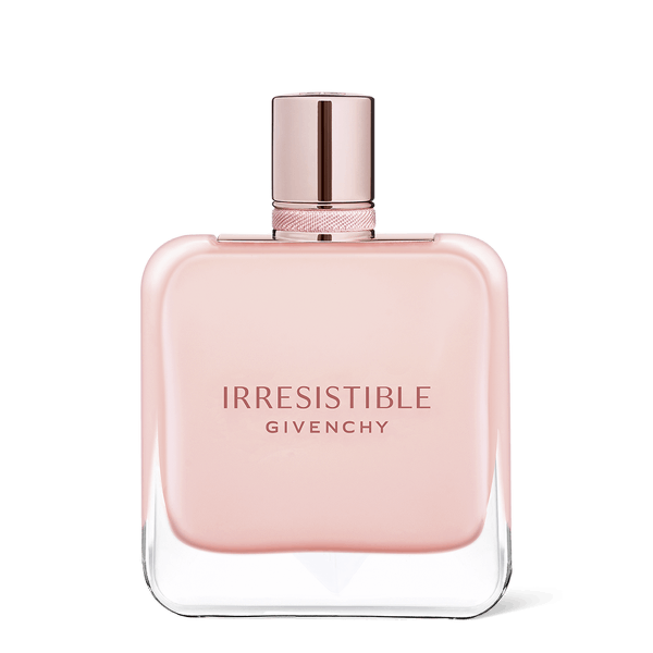 A bottle of Givenchy Irresistible perfume on a minimalistic white background.