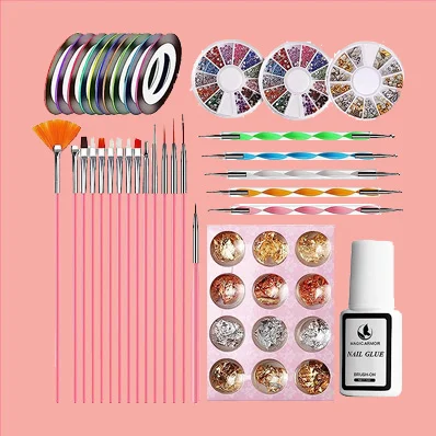 "MAGIC ARMOR 46pcs Nail Art Tool Nail Pen Designer with 15pcs Nail Painting Brushes, Nail Dotting Tool, Nail Foil, Manicure Tape, Nail Diamonds, and Color Rhinestones"