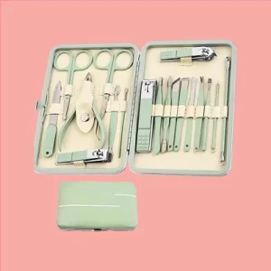 "Aceoce Manicure Set with 18 nail grooming tools in a leather travel case"