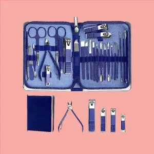 "FLAFARY Portable Manicure Pedicure Set with 26 stainless steel nail care tools in a blue leather case"