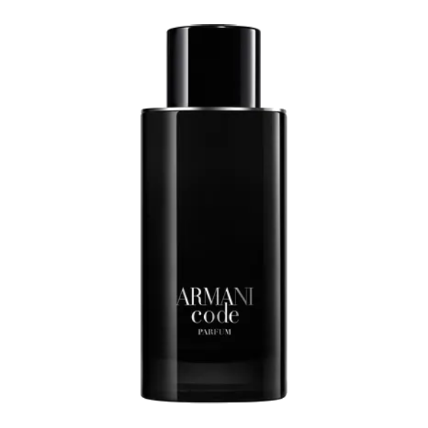 Armani Code pour Homme perfume bottle on a black background, with a light source casting a subtle glow.