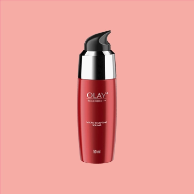 Olay Regenerist Micro-Sculpting Serum bottle, an anti-wrinkle and firming skincare product.