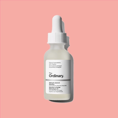 The Ordinary Salicylic Acid 2% Solution bottle, a potent acne-clearing treatment.