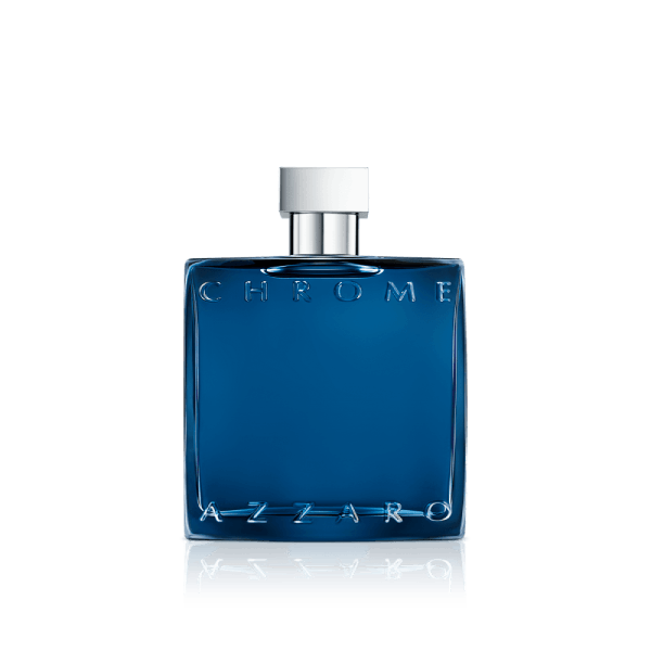 A sleek bottle of Azzaro Chrome perfume on a reflective surface