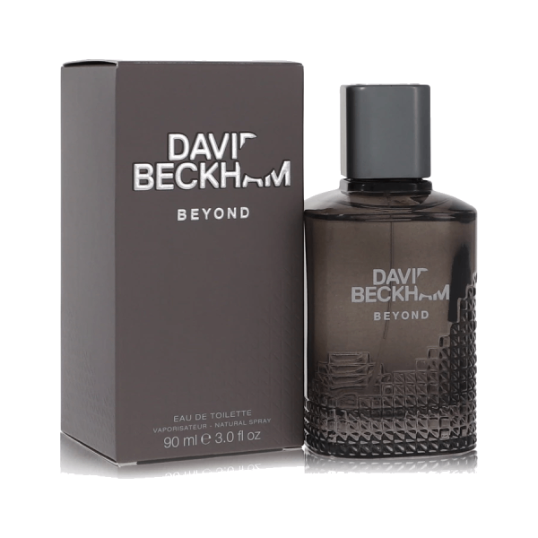 A bottle of Beyond by David Beckham's Extremeicebomb Extreme on a polished surface, reflecting its unique design.