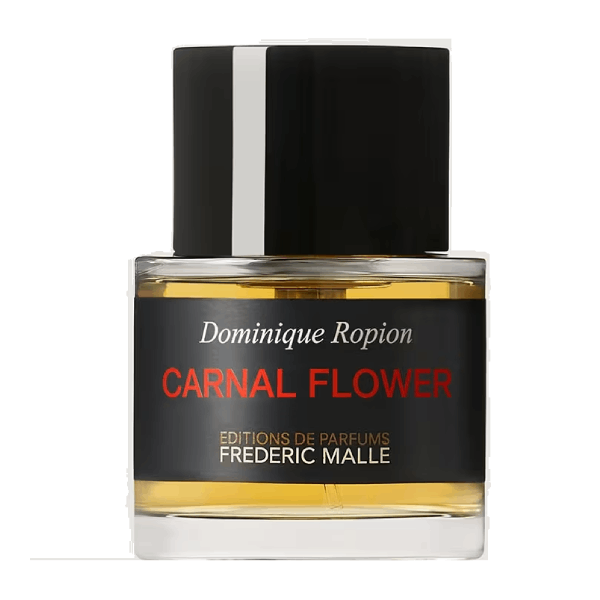 A translucent bottle of CARNAL FLOWER perfume, capturing the essence of warm, floral, and woody notes.