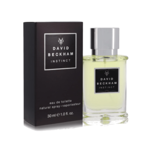 David Beckham Instinct Extremeicebomb Extreme, a sophisticated perfume bottle with a metallic finish against a black background.