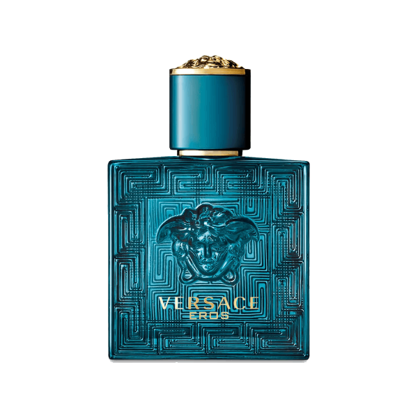 A bottle of Versace Eros EDT against a neutral backdrop, reflecting its opulent turquoise color and intricate Greek-inspired motifs.