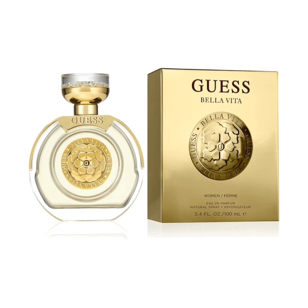 A glass bottle of Guess Bella Vita Women's Fragrance, reflecting Italian elegance and sophistication