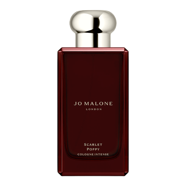 Elegant bottle of Jo Malone's Scarlet Poppy Cologne Intense against a minimalist backdrop