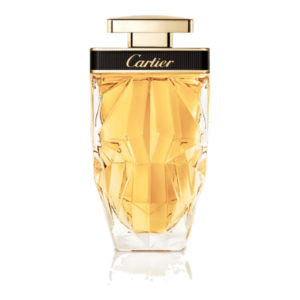 Close-up of a LA PANTHÈRE PARFUM bottle with light reflecting on its intricate design.