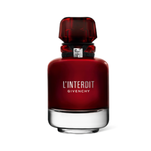 Elegant bottle of Givenchy's L'Interdit perfume against a chic, minimalist background.